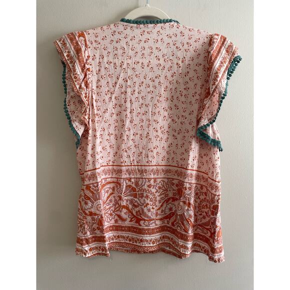THML Size M Pink Floral Top Flutter Sleeves V-Neck Green Pom Pom Trim - Picture 2 of 6